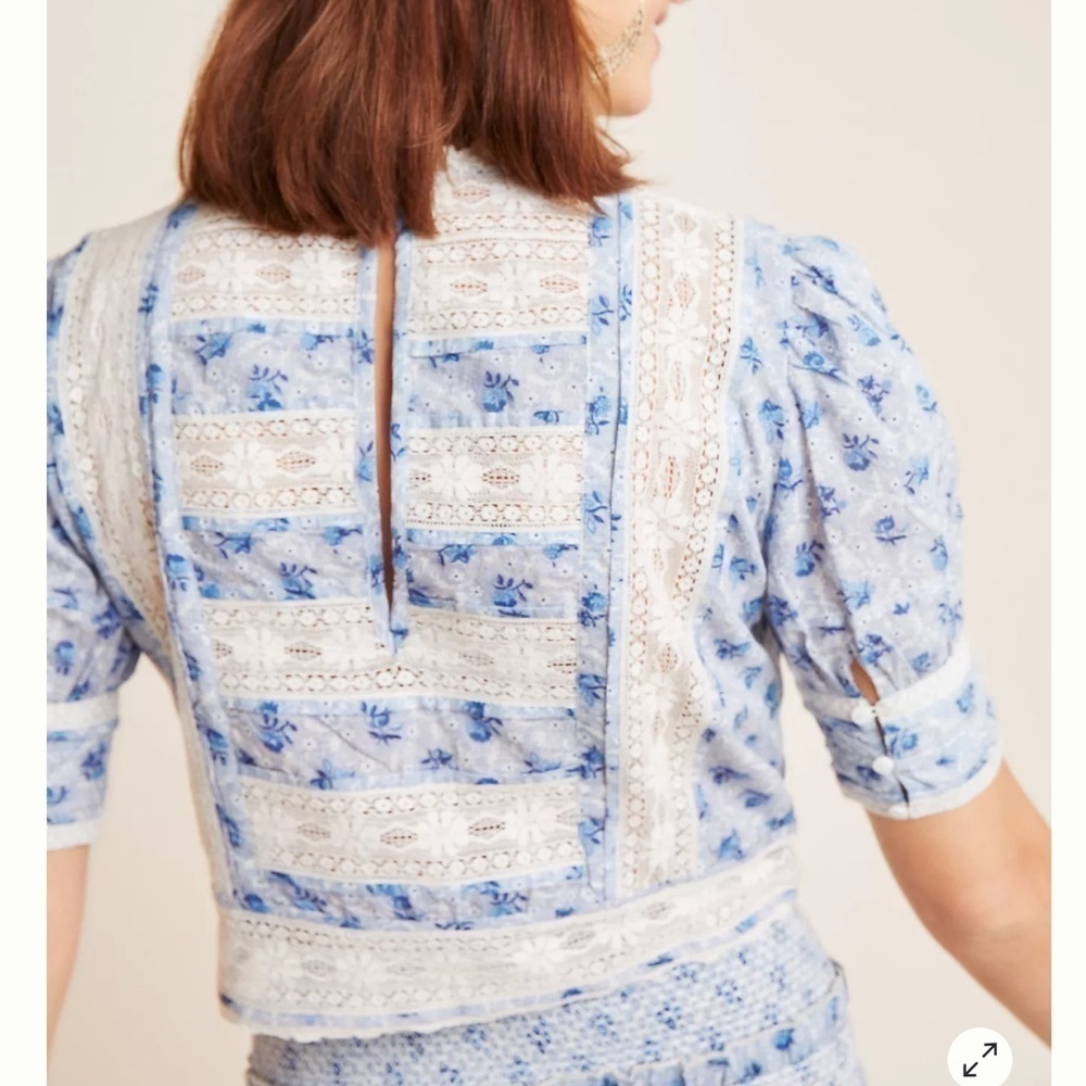 Anthropologie Love Sam Harper floral lace ruffle trim cropped blouse - Picture 2 of 8